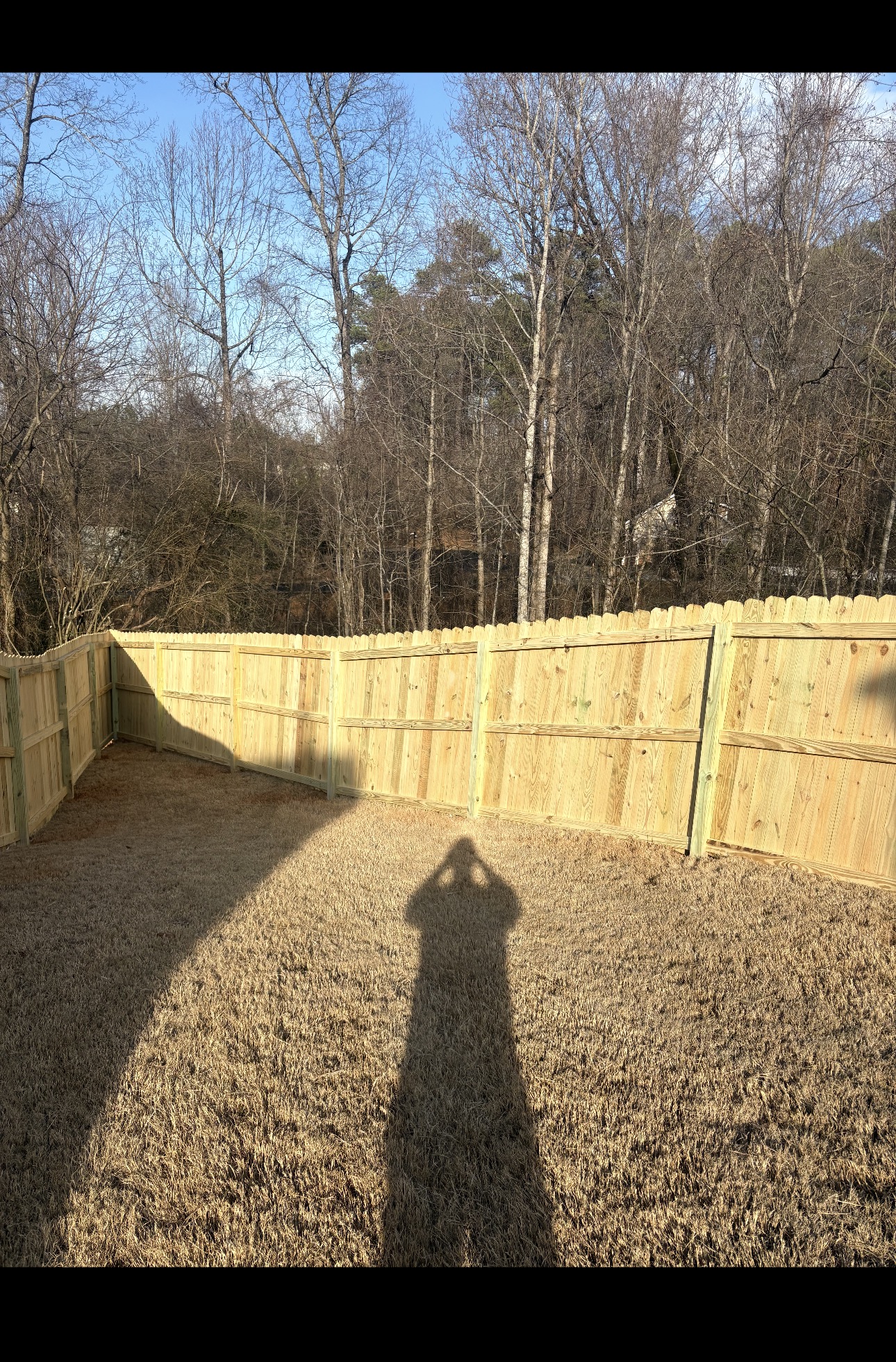 New wood privacy fence in a winter landscape, Commerce GA area