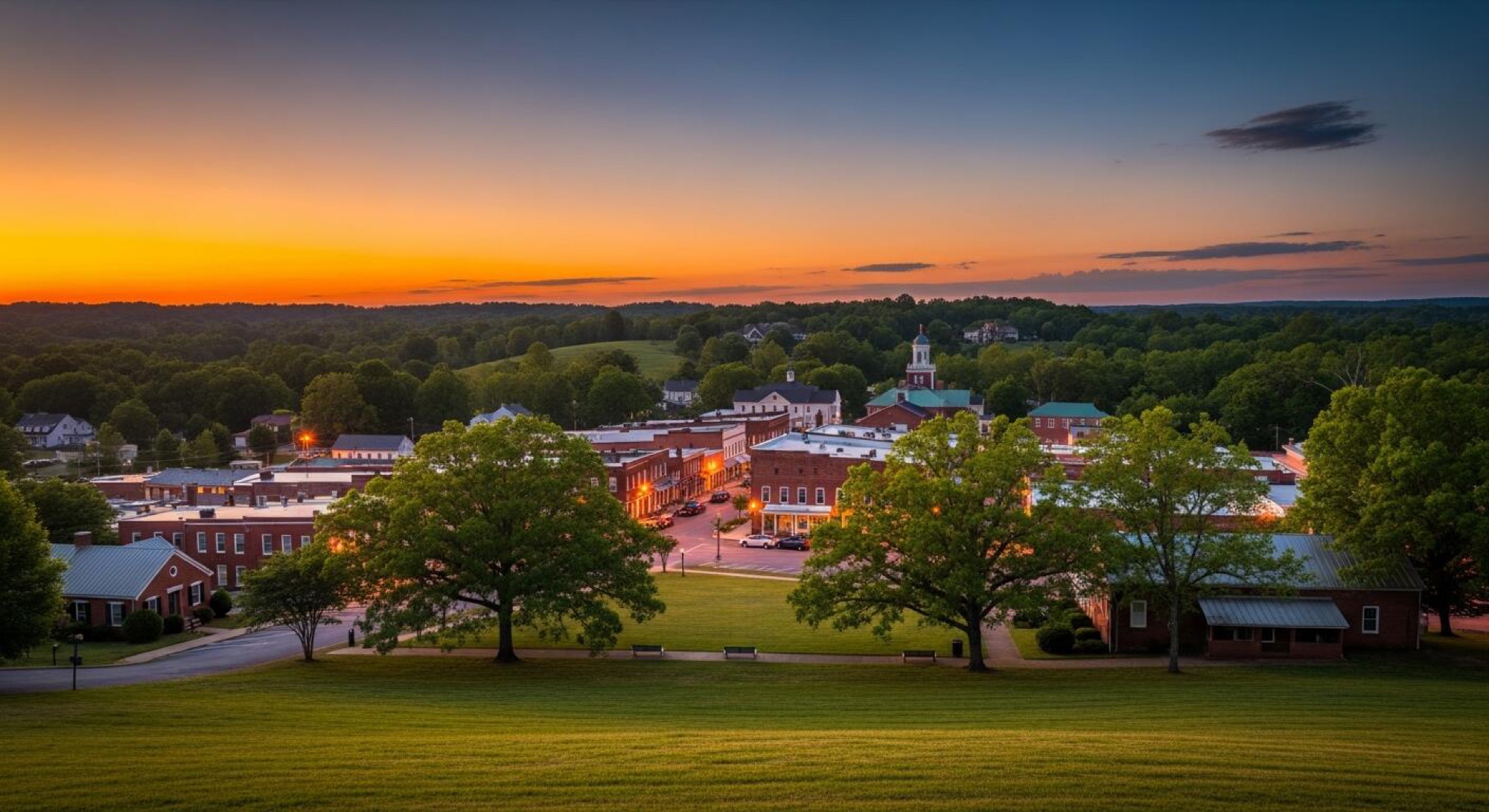 Golden-hour view over downtown Commerce, GA — home of CCL Exterior Services